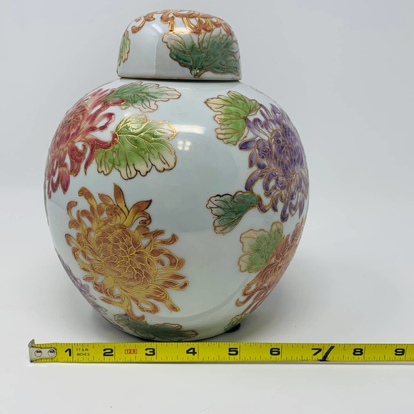 Vintage Hand Painted Lidded Chinese Ginger Jar Urn Floral Design 9" - Picture 4 of 9